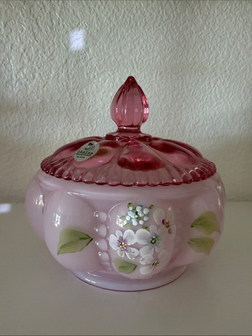 Fenton Pink Hand-Painted Glass Covered Powder Box